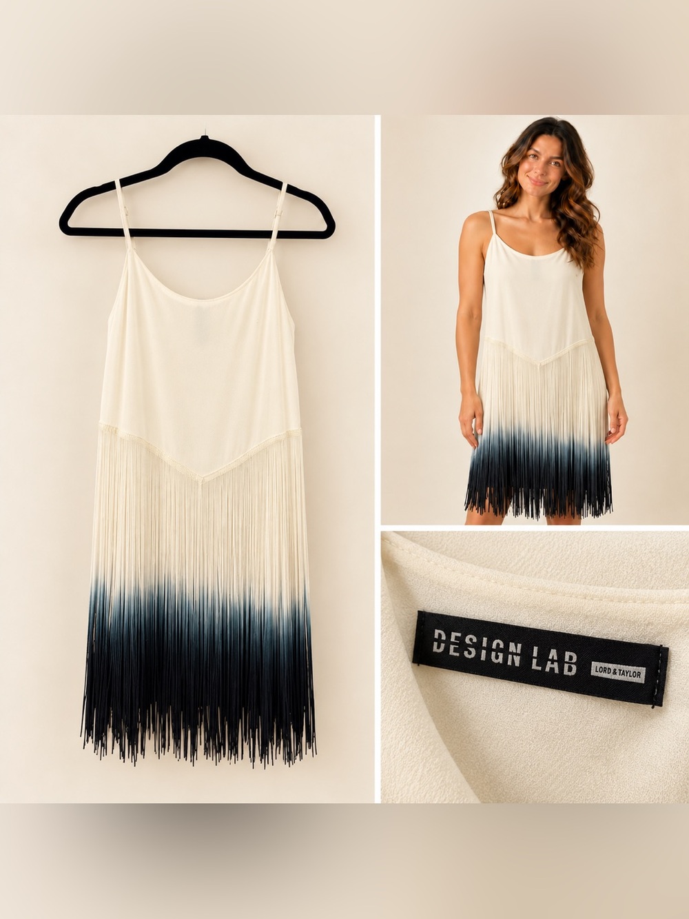 Design Lab Lord & Taylor Cream to Black Ombre Fringe Slip Mini Dress